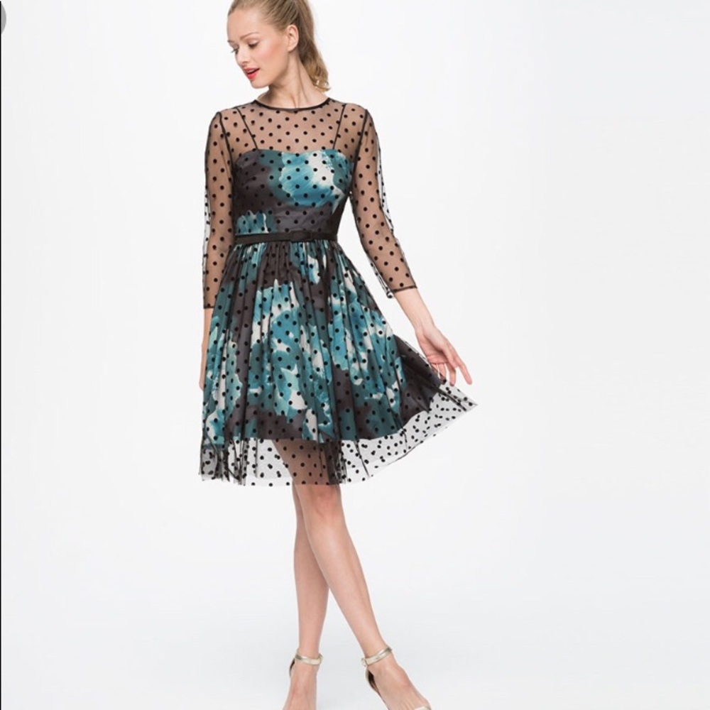 Eliza J belted polka dot mesh overlay fit & flare